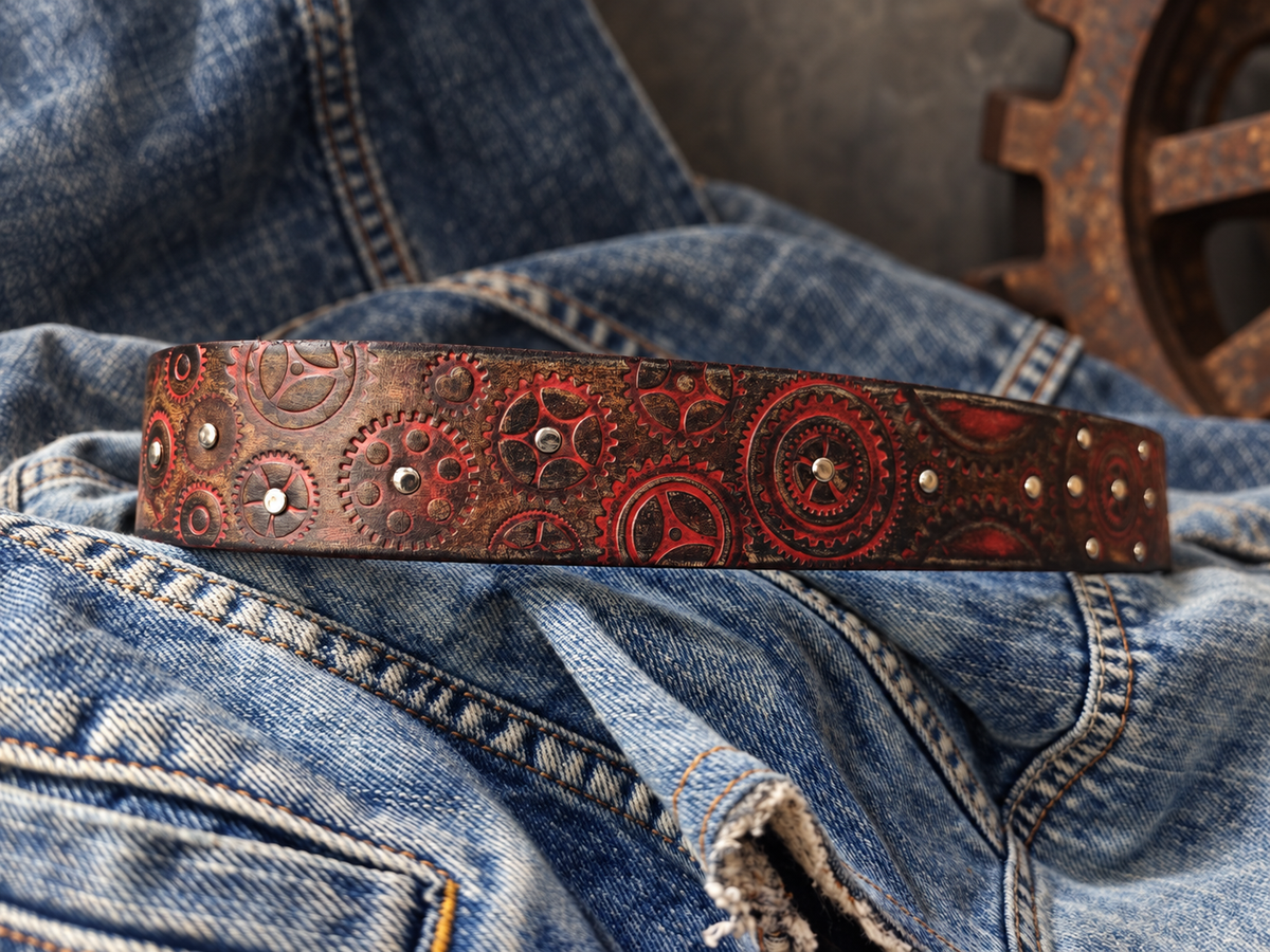 Handcrafted Red & Brown Leather Biker Belt with Motorcycle Gear Design, Silver Studs & Statement Buckle