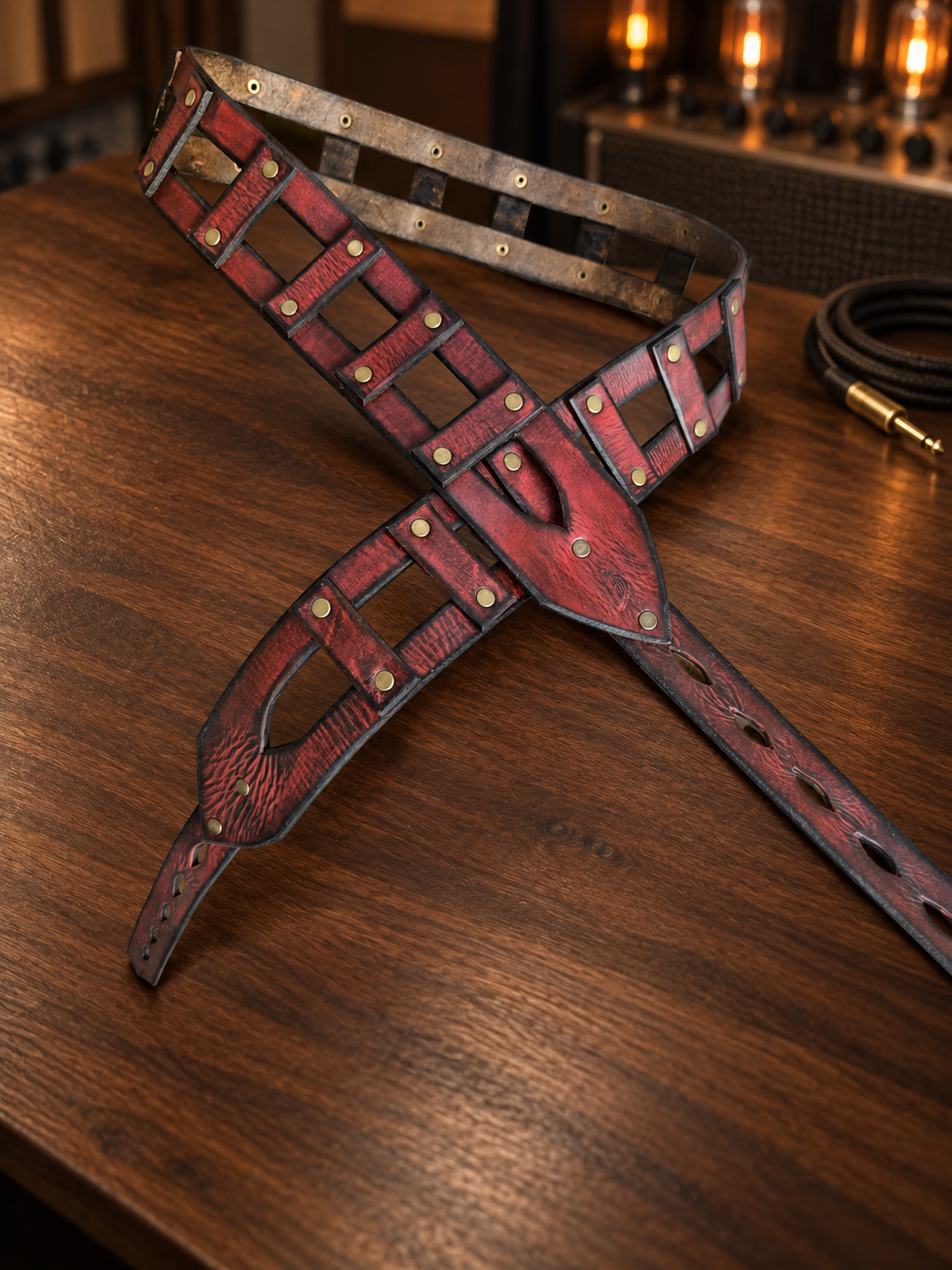 Red Leather Guitar Strap with Brass Rivets - Personalized Musician Gift