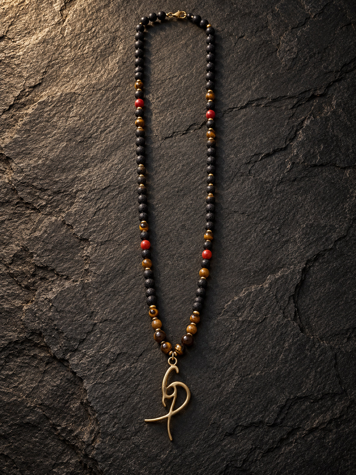 Men’s Black & Brown Beaded Necklace with Red Accents and Gold-Tone Pendant