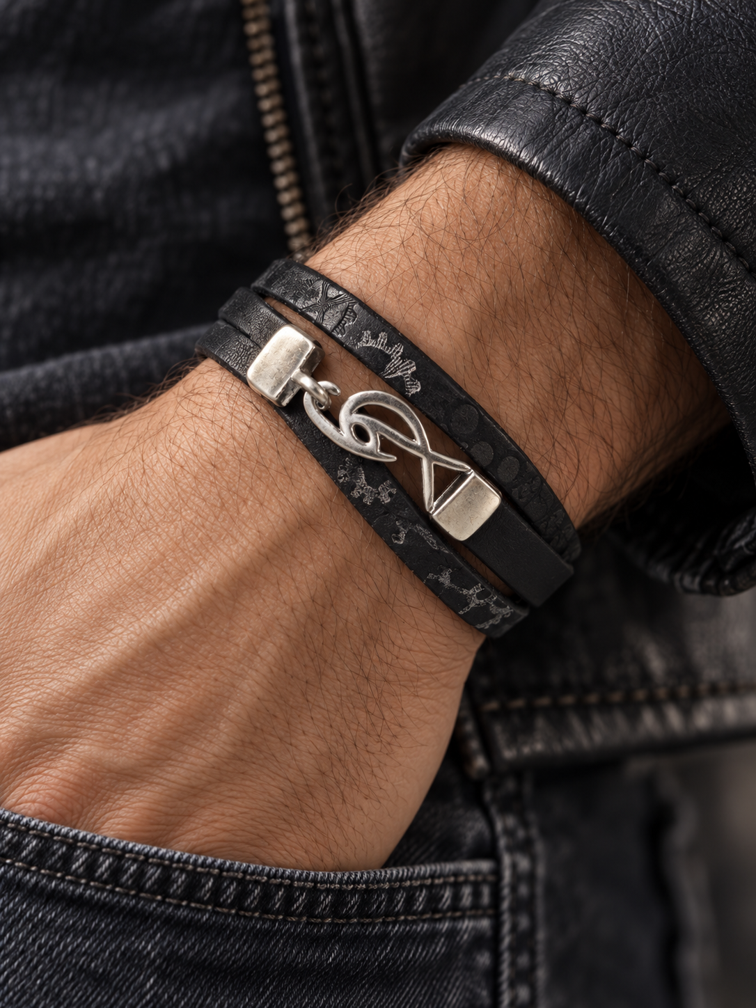 Men’s Black Leather Wrap Bracelet with Signature Silver-Tone Logo Clasp