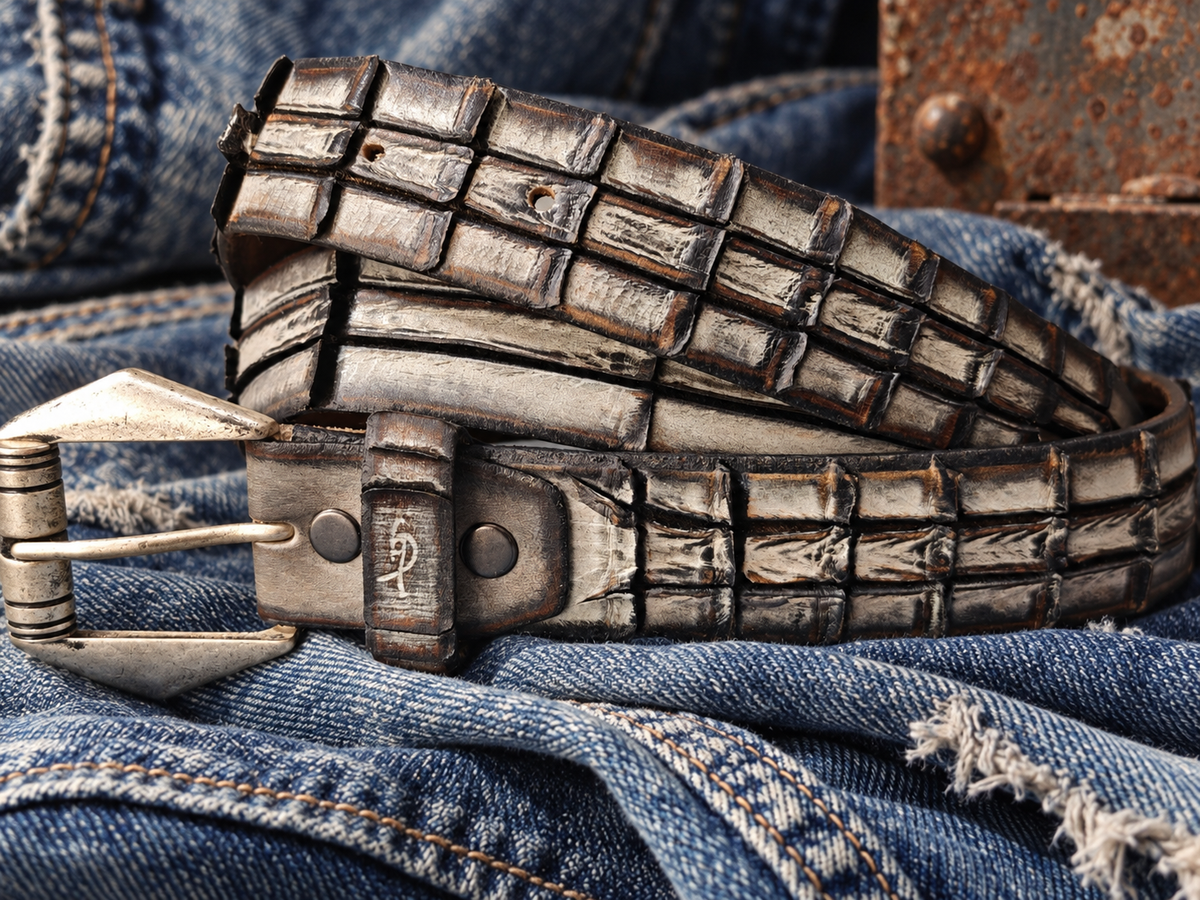Handmade Silver & Black Leather Belt – Crocodile-Inspired Carved Texture – Women’s Artisan Belt