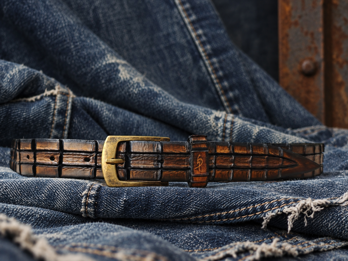 Handmade Brown Leather Belt – Hand-Carved Crocodile-Inspired Texture – Artisan Leather Belt