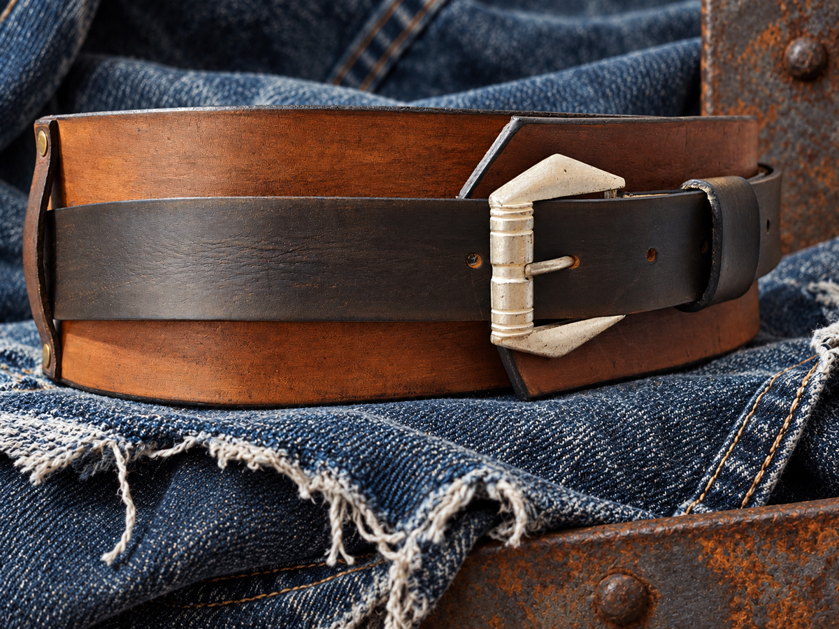 Convertible Brown & Dark Brown Leather Waist Belt with Antique Gold-Tone Buckle