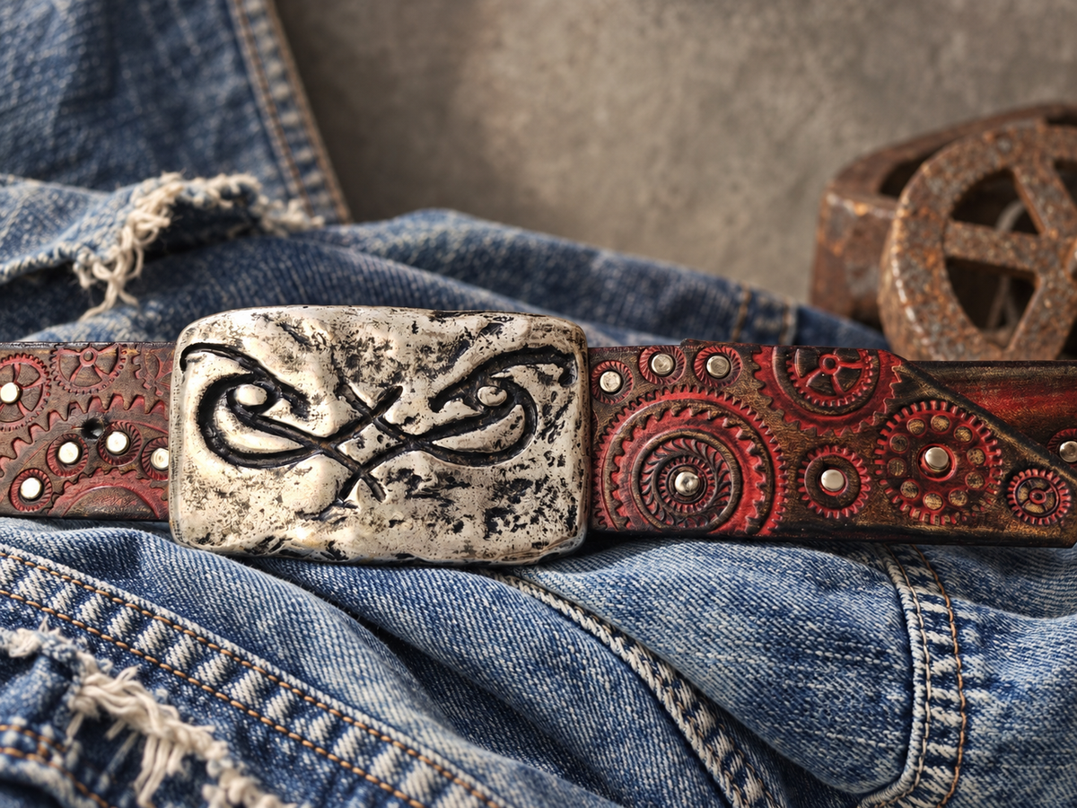Handcrafted Red & Brown Leather Biker Belt with Motorcycle Gear Design, Silver Studs & Statement Buckle