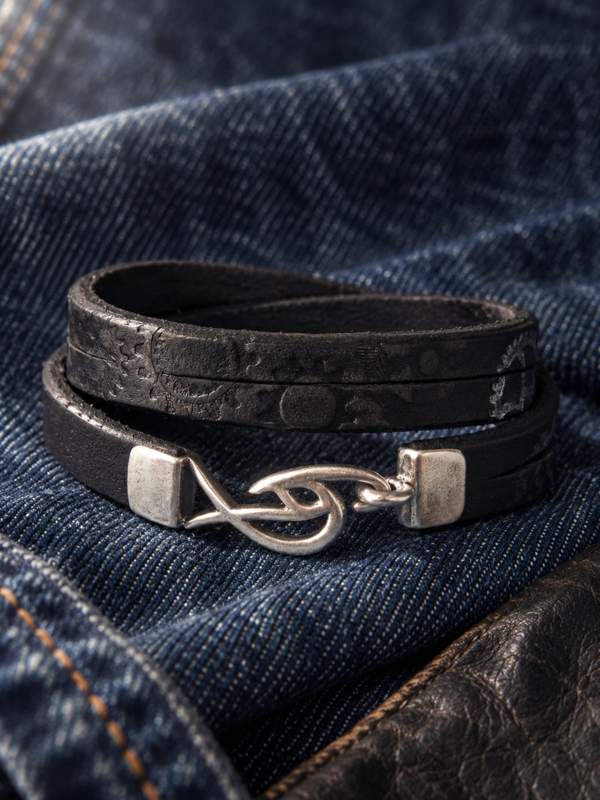 Men’s Black Leather Wrap Bracelet with Signature Silver-Tone Logo Clasp