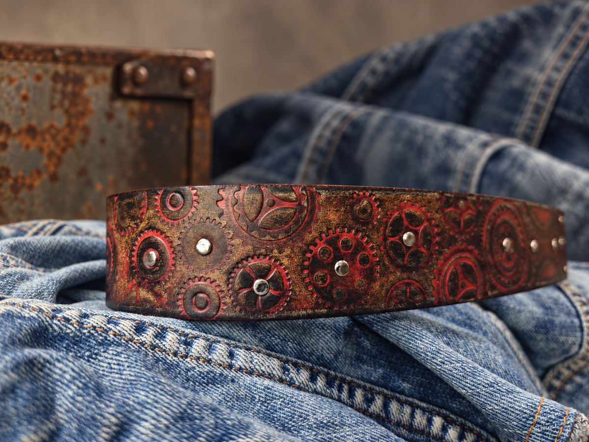 Handcrafted Red & Brown Leather Biker Belt with Motorcycle Gear Design, Silver Studs & Statement Buckle