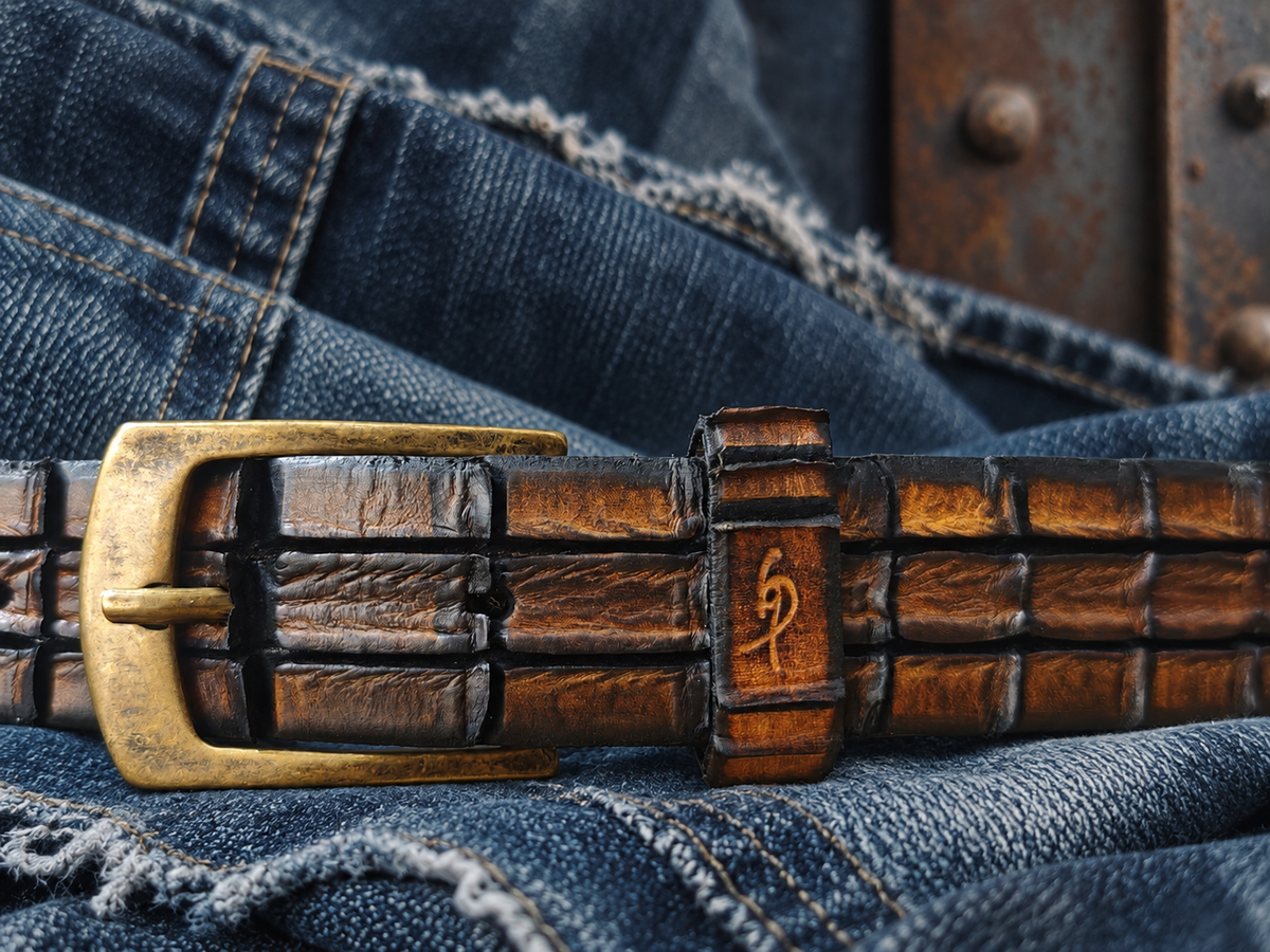 Handmade Brown Leather Belt – Hand-Carved Crocodile-Inspired Texture – Artisan Leather Belt