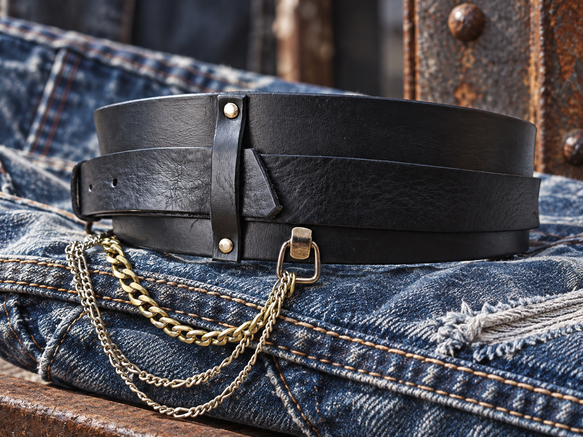 Convertible Black Leather Waist Belt with Gold-Tone Buckle & Layered Chains