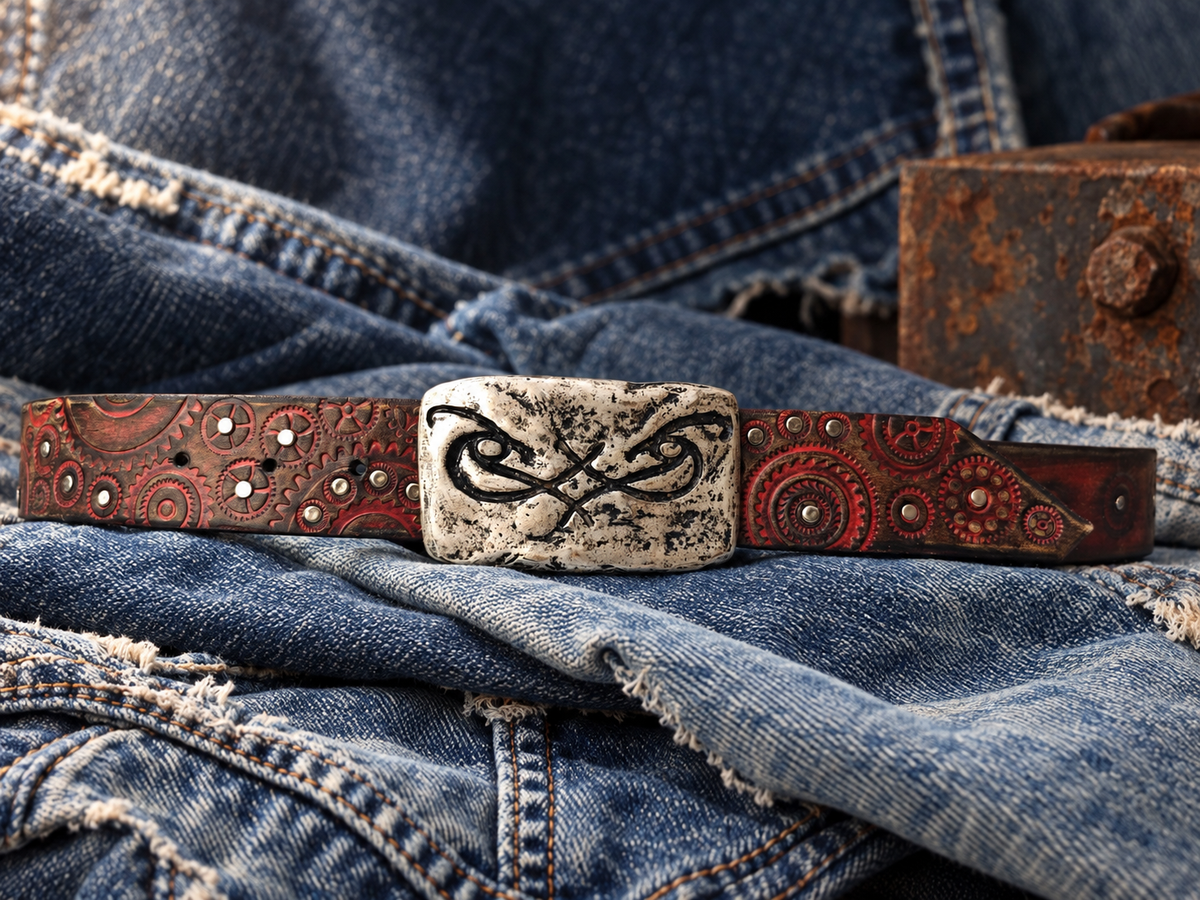 Handcrafted Red & Brown Leather Biker Belt with Motorcycle Gear Design, Silver Studs & Statement Buckle
