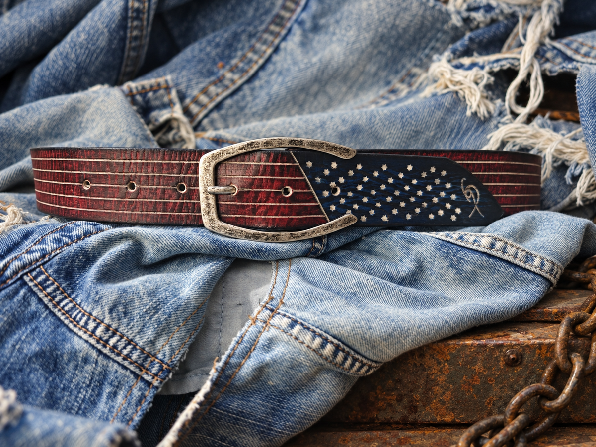Handmade American Flag Leather Belt with Horseshoe Buckle - 42cm Wide Vintage Style for American Lovers
