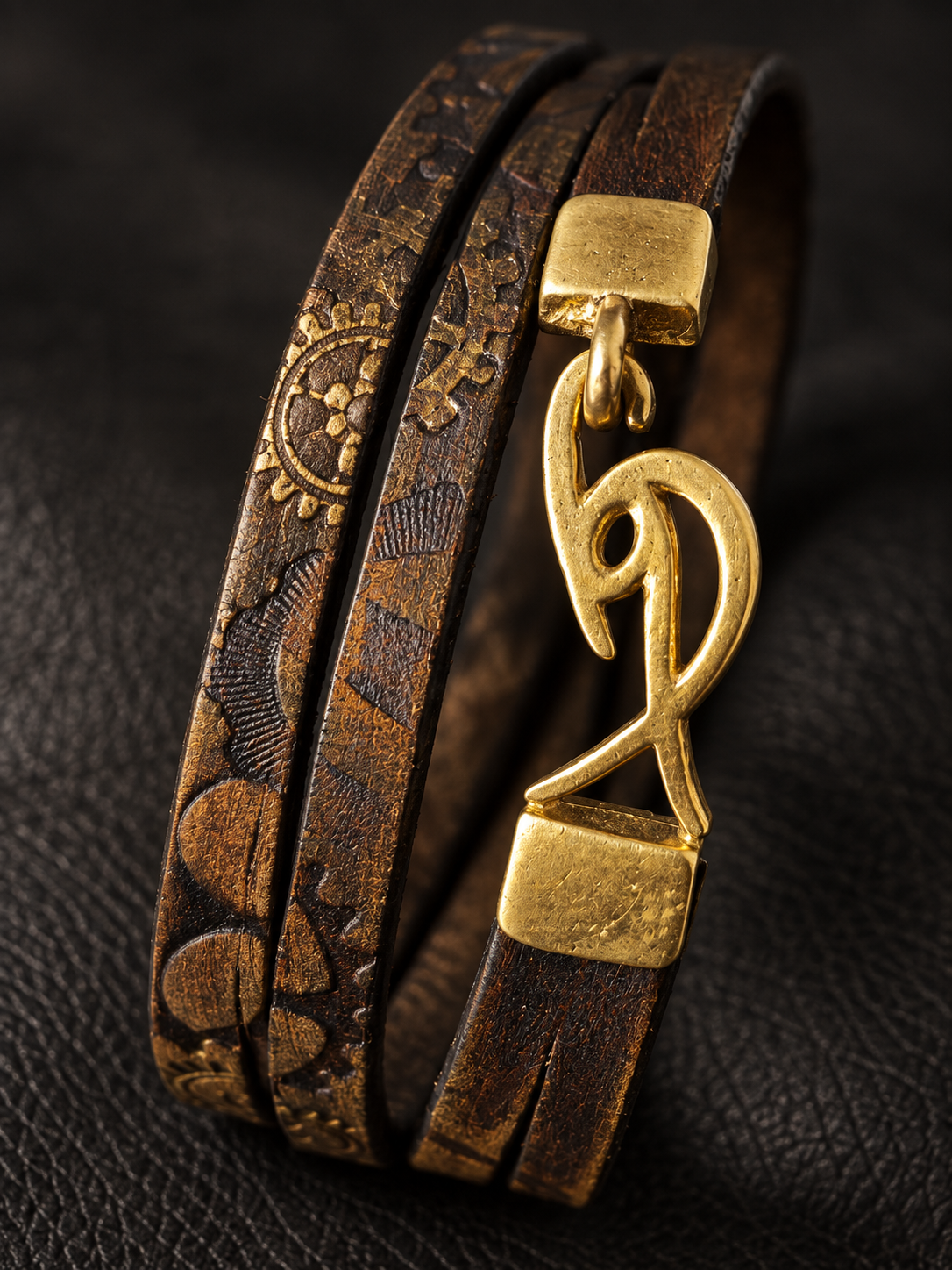 Men’s Vintage Brown Leather Wrap Bracelet with Signature Antique Gold Logo Clasp