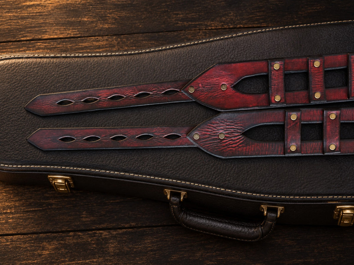 Red Leather Guitar Strap with Brass Rivets - Personalized Musician Gift