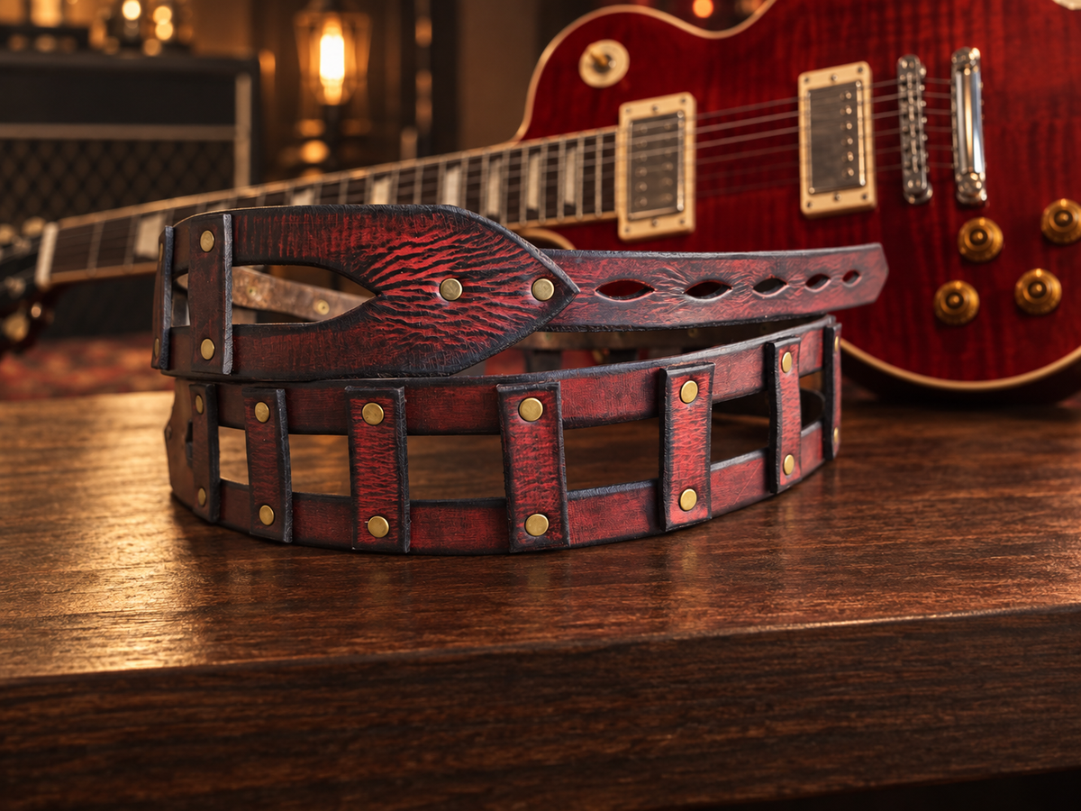 Red Leather Guitar Strap with Brass Rivets - Personalized Musician Gift