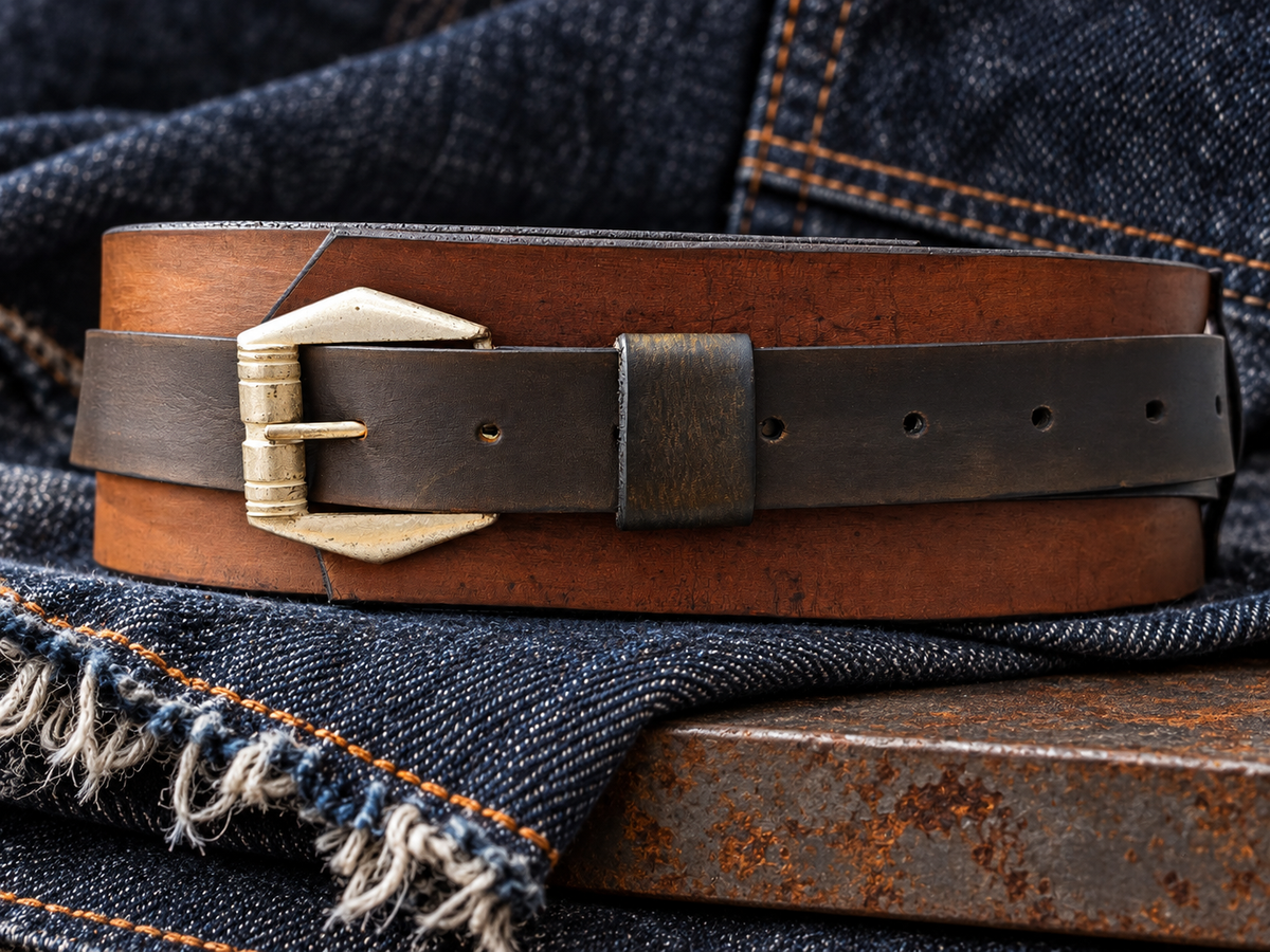 Convertible Brown & Dark Brown Leather Waist Belt with Antique Gold-Tone Buckle