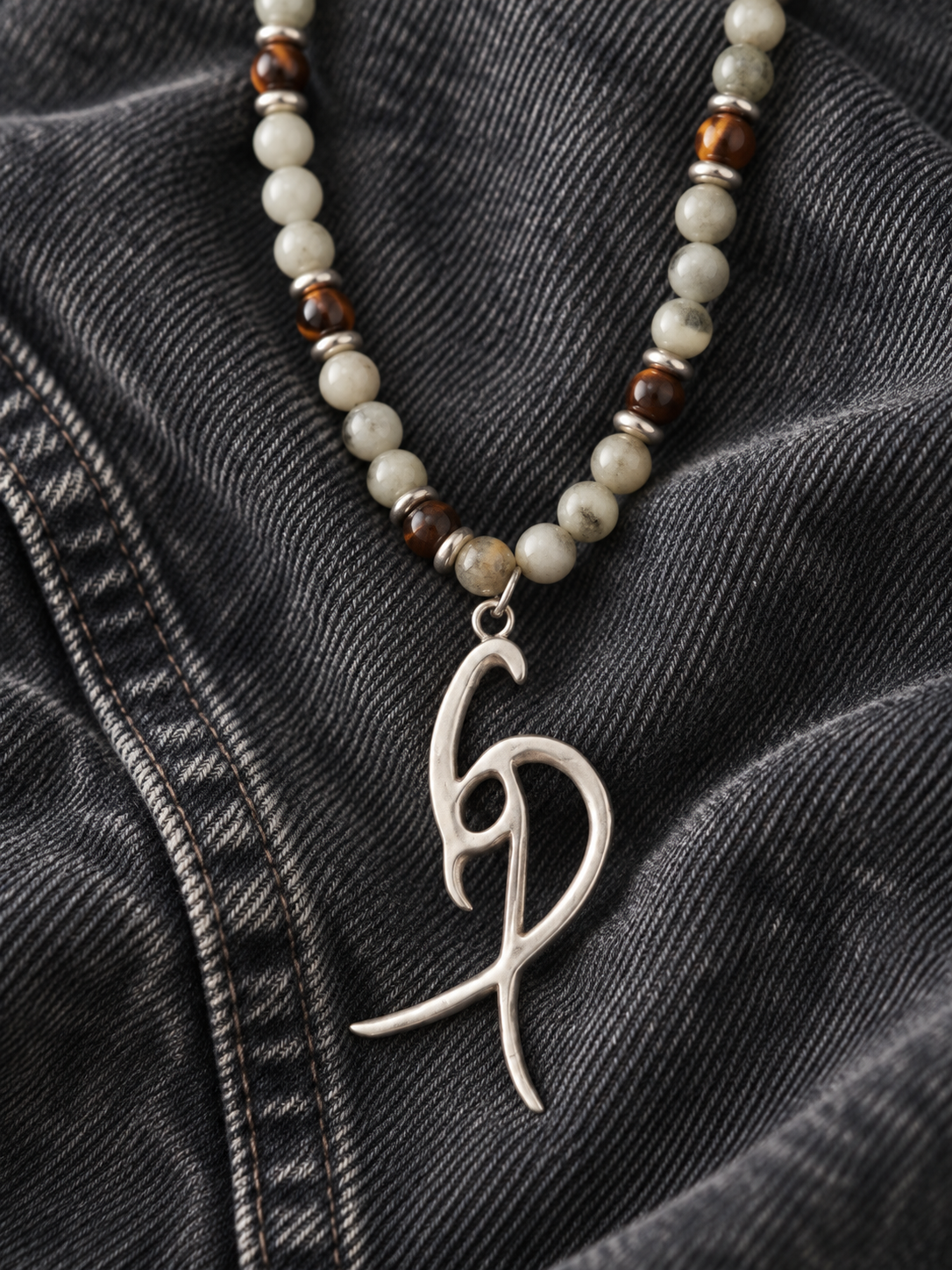 Men’s Cream & Brown Beaded Necklace with Signature Silver-Tone Pendant