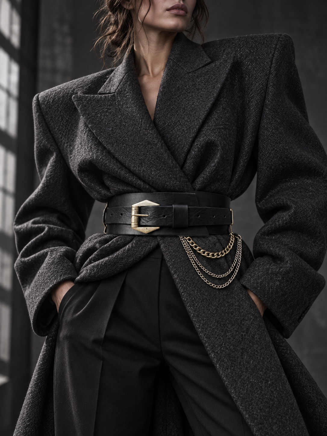 Convertible Black Leather Waist Belt with Gold-Tone Buckle & Layered Chains