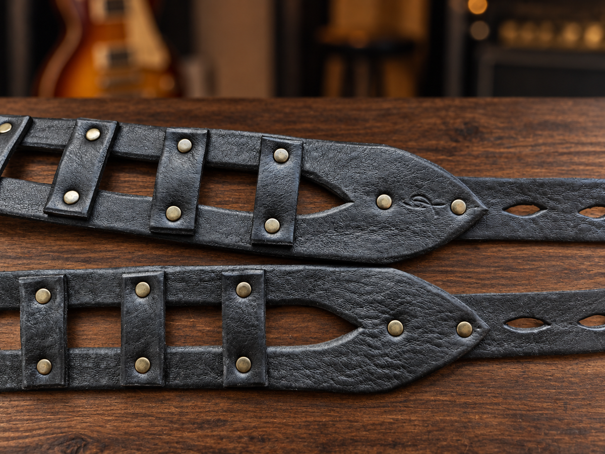Black Leather Guitar Strap with Brass Rivets - Personalized Musician Gift