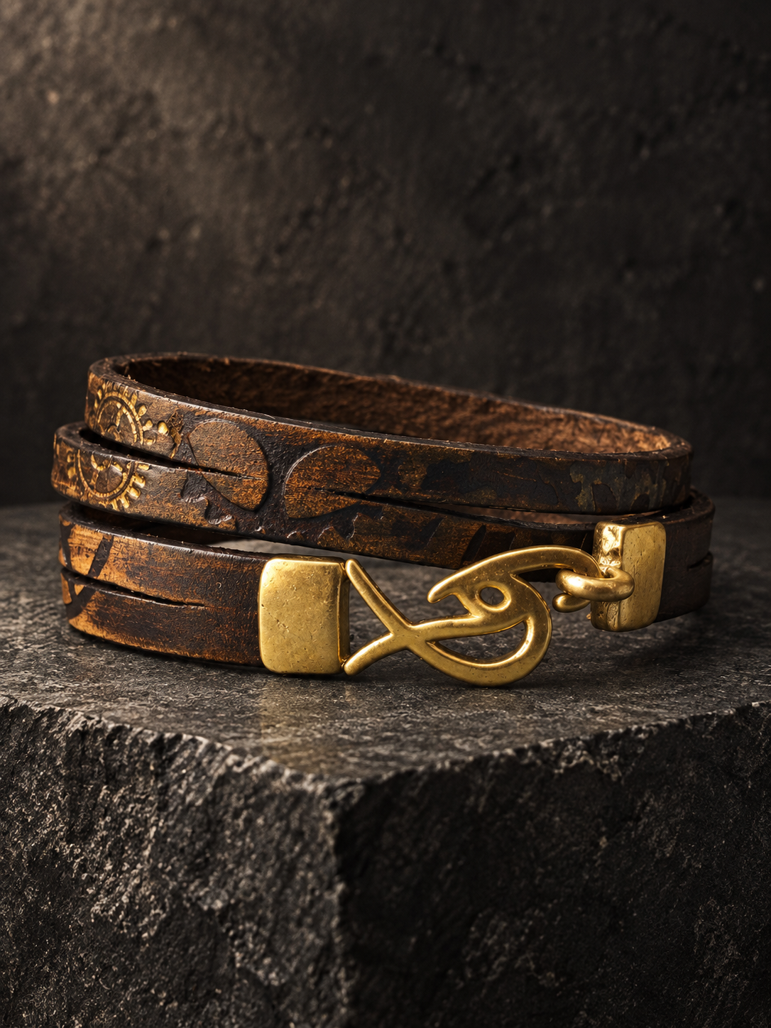 Men’s Vintage Brown Leather Wrap Bracelet with Signature Antique Gold Logo Clasp