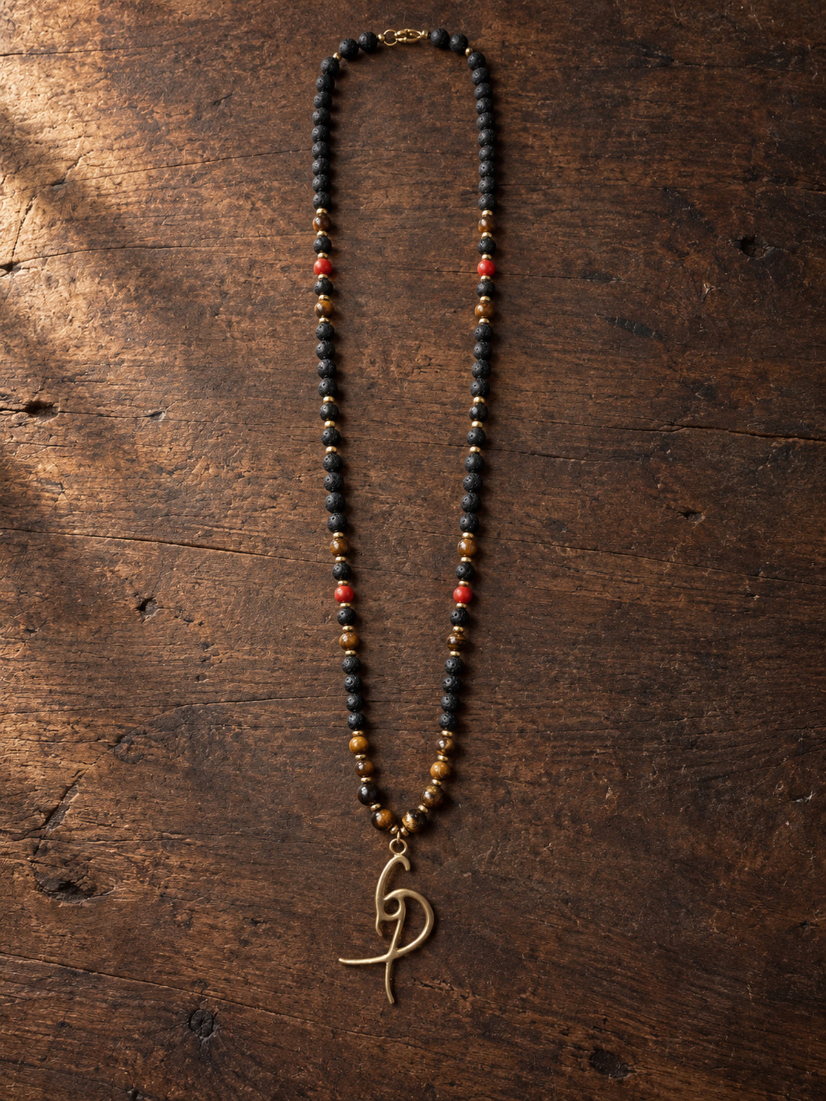 Men’s Black & Brown Beaded Necklace with Red Accents and Gold-Tone Pendant