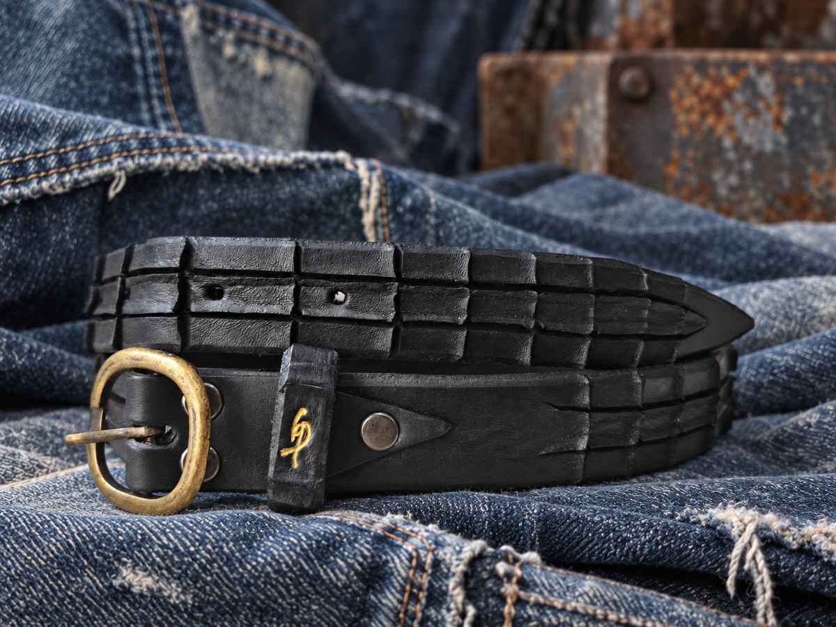 Women's Handmade Black Leather Belt – Crocodile-Inspired Carved Texture – Artisan Belt