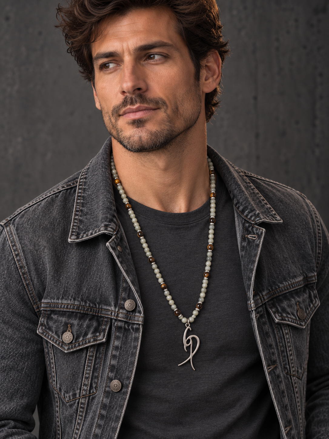 Men’s Cream & Brown Beaded Necklace with Signature Silver-Tone Pendant