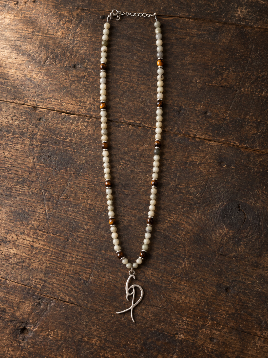 Men’s Cream & Brown Beaded Necklace with Signature Silver-Tone Pendant