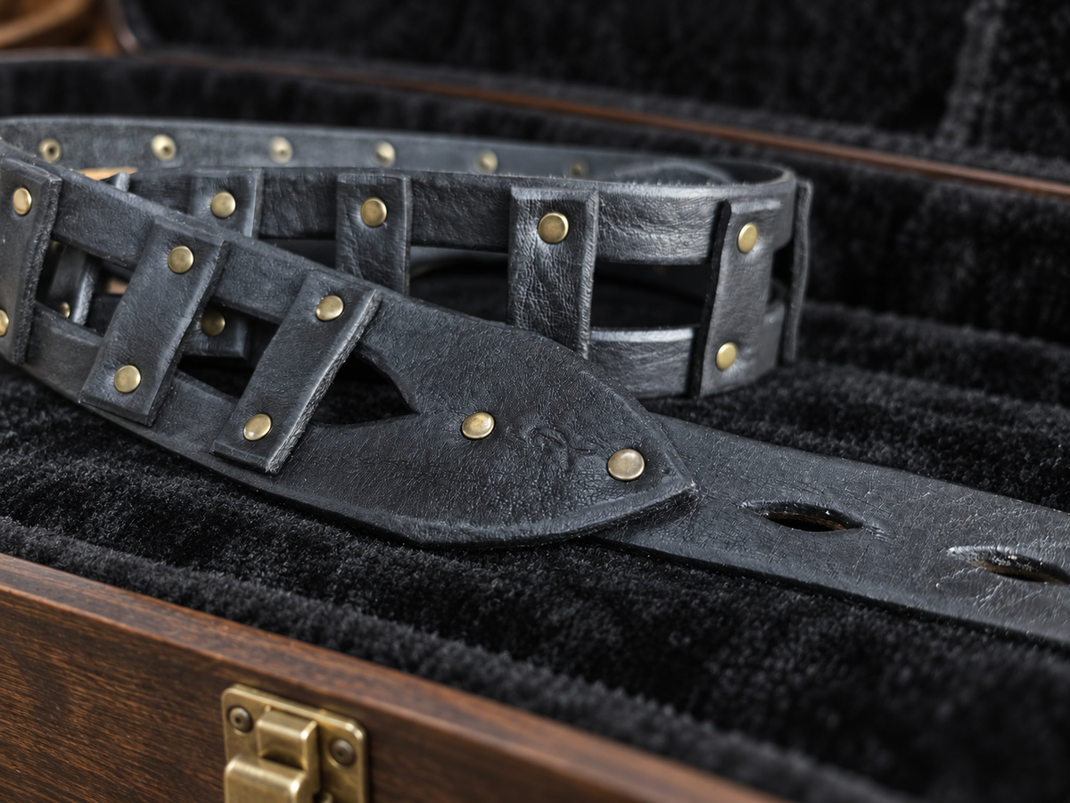 Black Leather Guitar Strap with Brass Rivets - Personalized Musician Gift