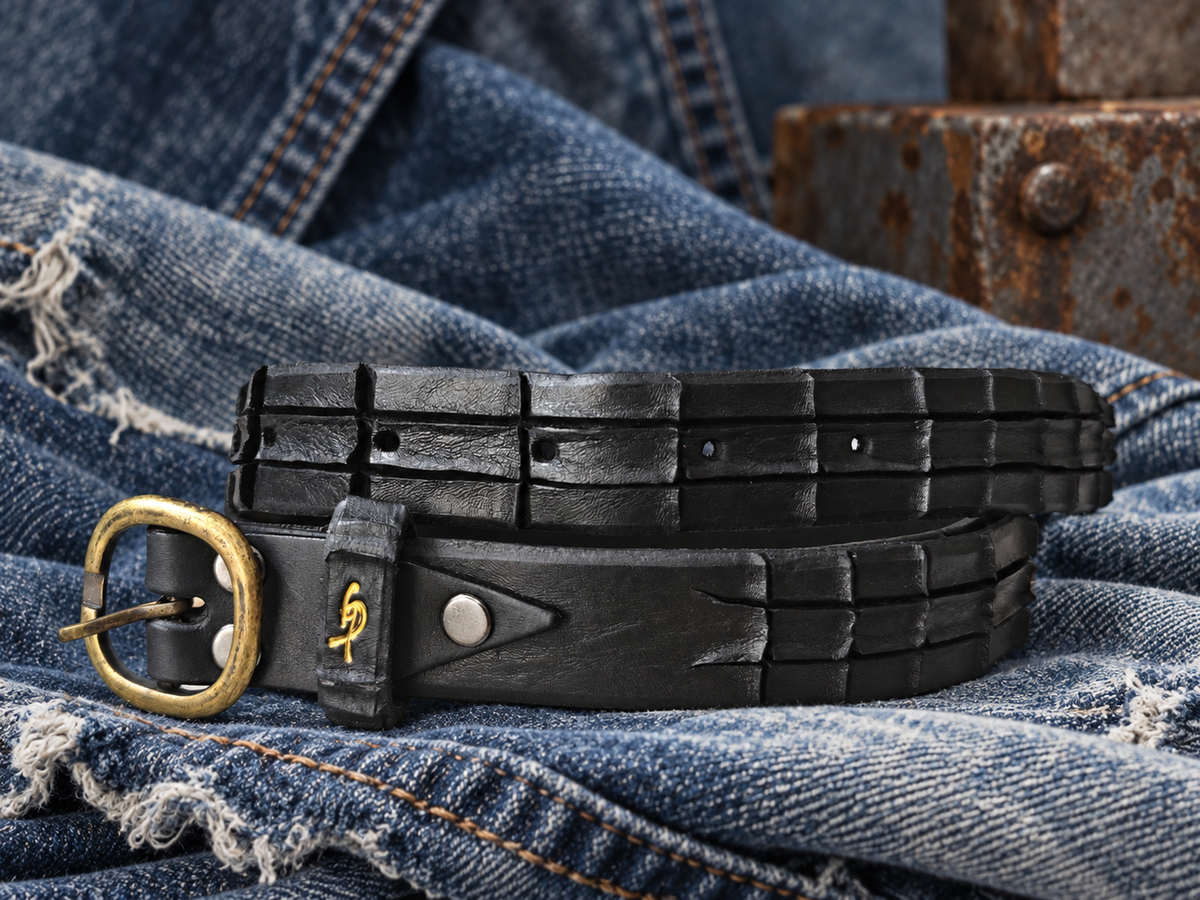 Women's Handmade Black Leather Belt – Crocodile-Inspired Carved Texture – Artisan Belt