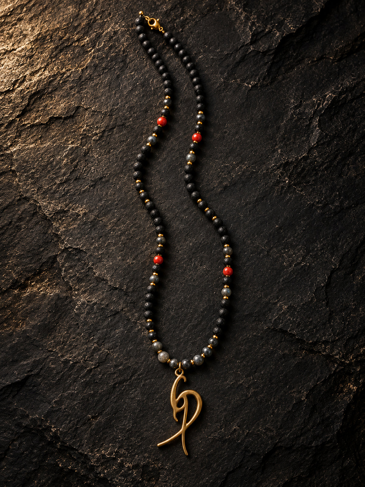 Men’s Black Beaded Necklace with Red Accents & Signature Gold-Tone Pendant