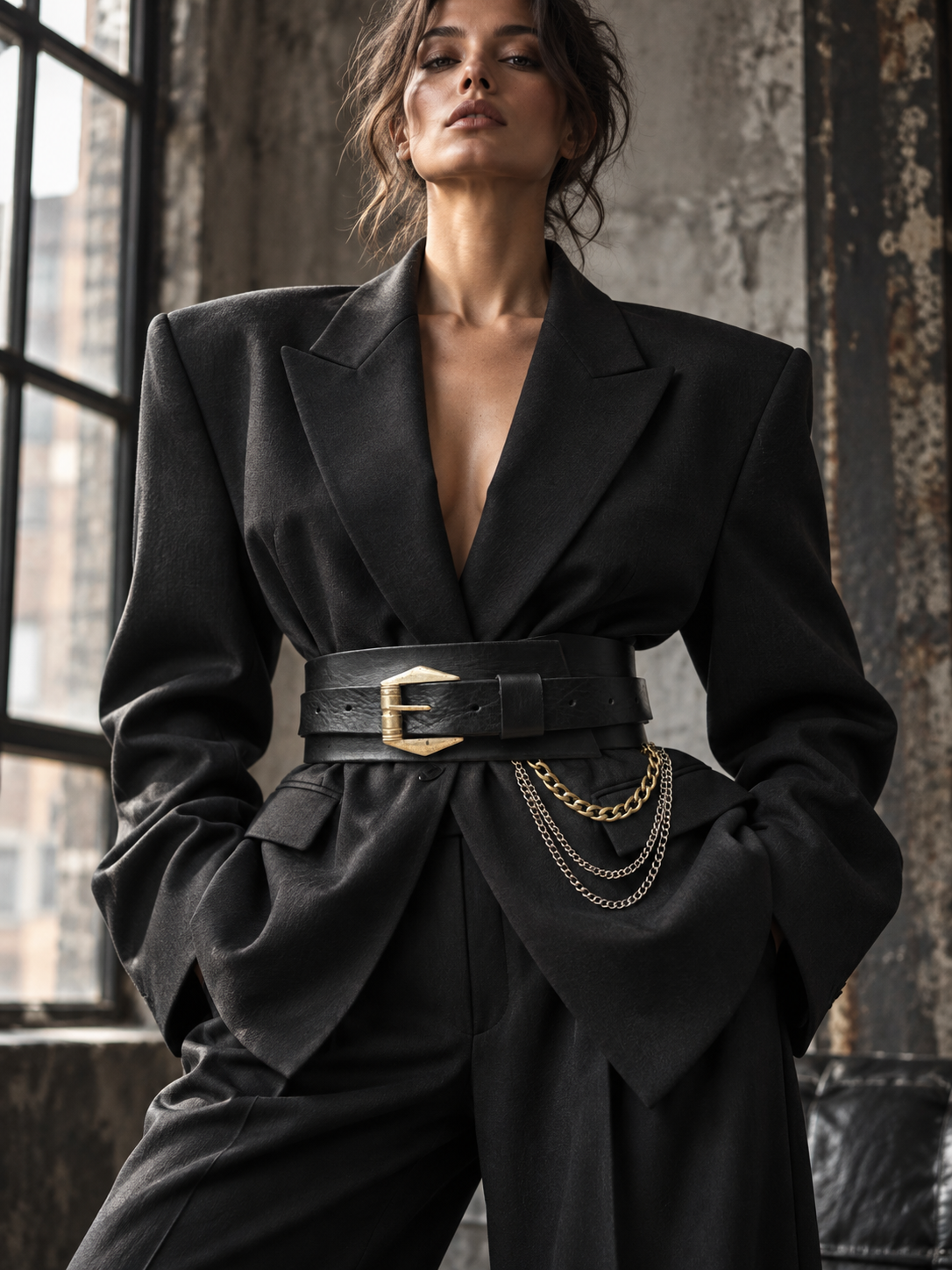 Convertible Black Leather Waist Belt with Gold-Tone Buckle & Layered Chains