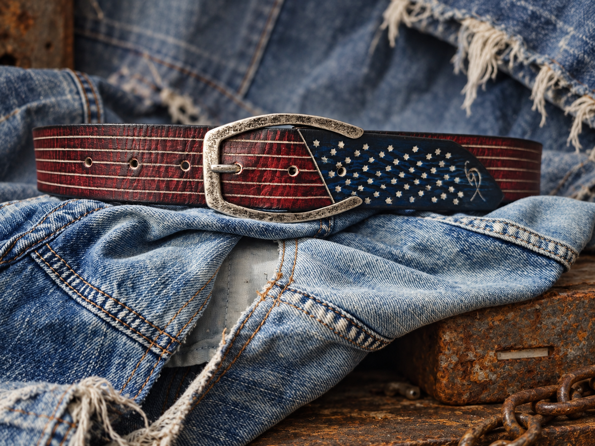 Handmade American Flag Leather Belt with Horseshoe Buckle - 42cm Wide Vintage Style for American Lovers