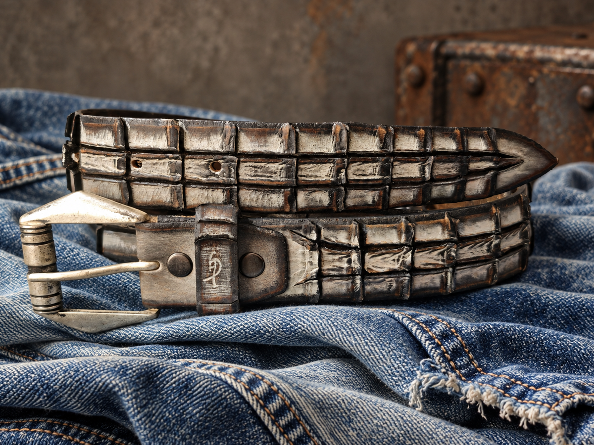 Handmade Silver & Black Leather Belt – Crocodile-Inspired Carved Texture – Women’s Artisan Belt