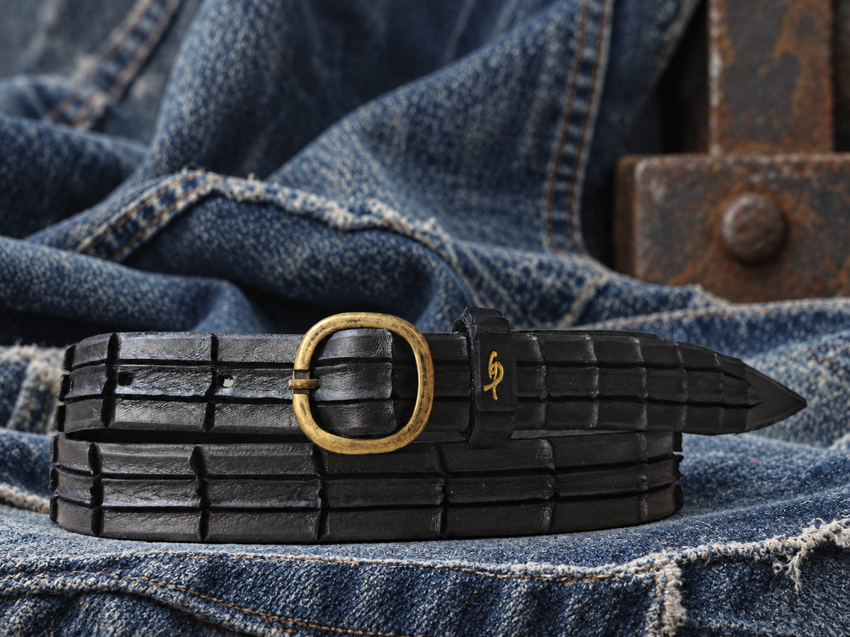 Women's Handmade Black Leather Belt – Crocodile-Inspired Carved Texture – Artisan Belt