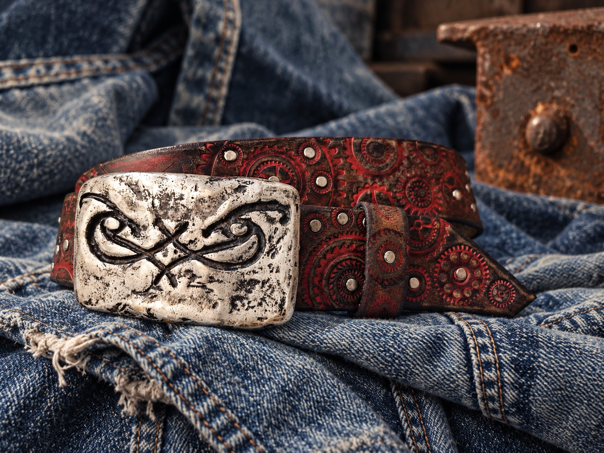 Handcrafted Red & Brown Leather Biker Belt with Motorcycle Gear Design, Silver Studs & Statement Buckle