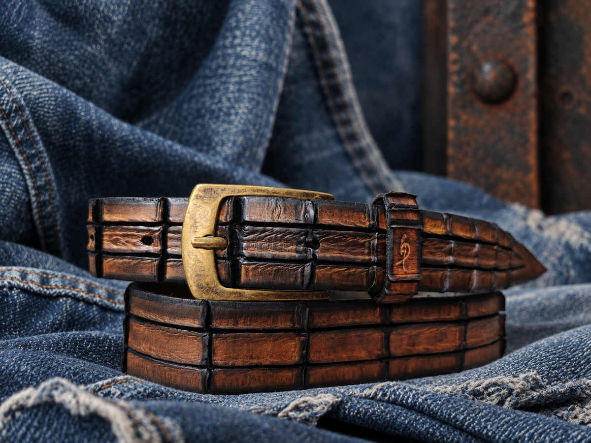 Handmade Brown Leather Belt – Hand-Carved Crocodile-Inspired Texture – Artisan Leather Belt
