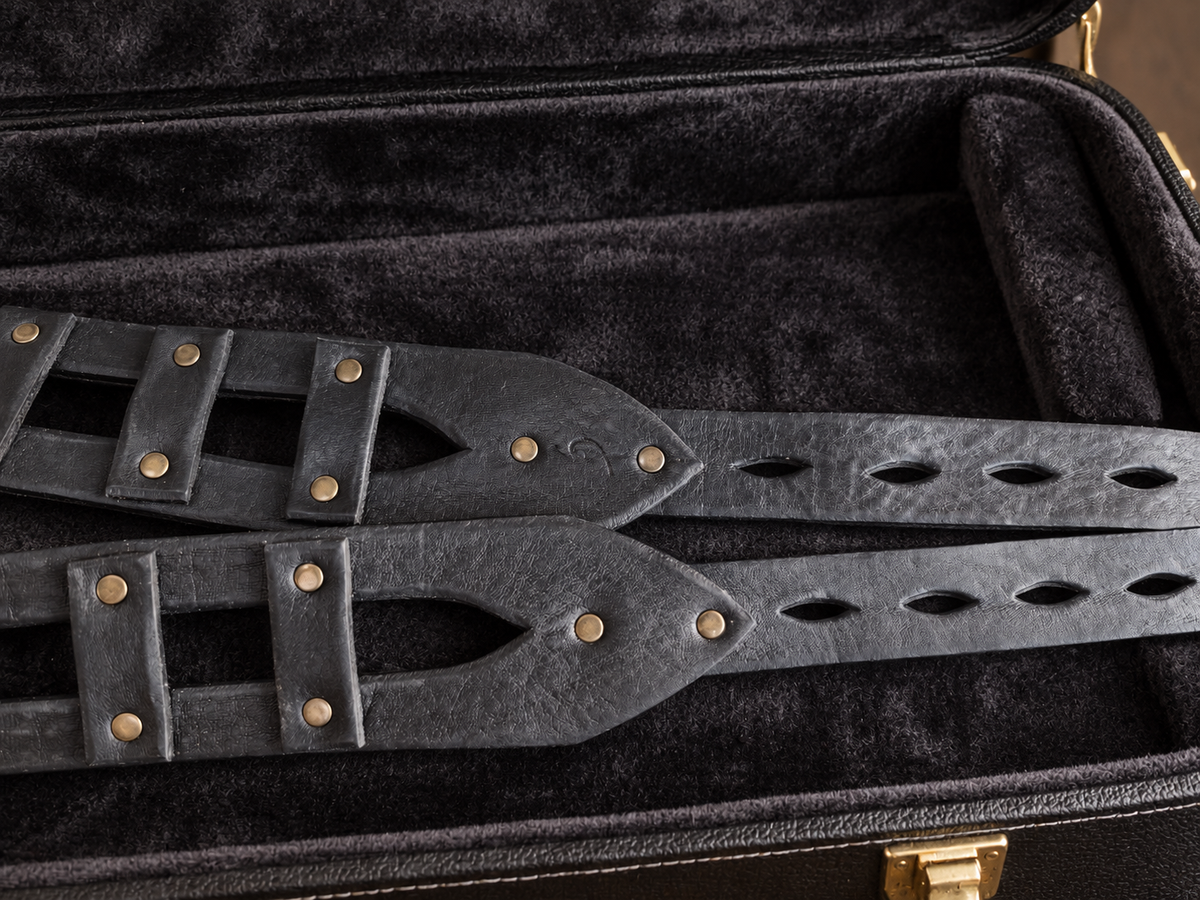Black Leather Guitar Strap with Brass Rivets - Personalized Musician Gift