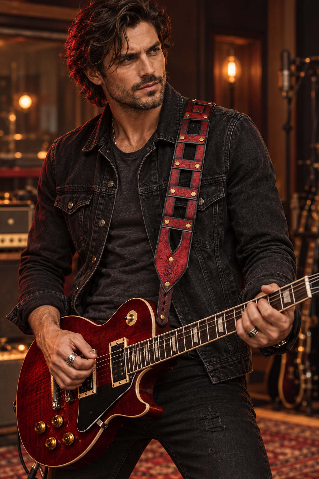 Red Leather Guitar Strap with Brass Rivets - Personalized Musician Gift