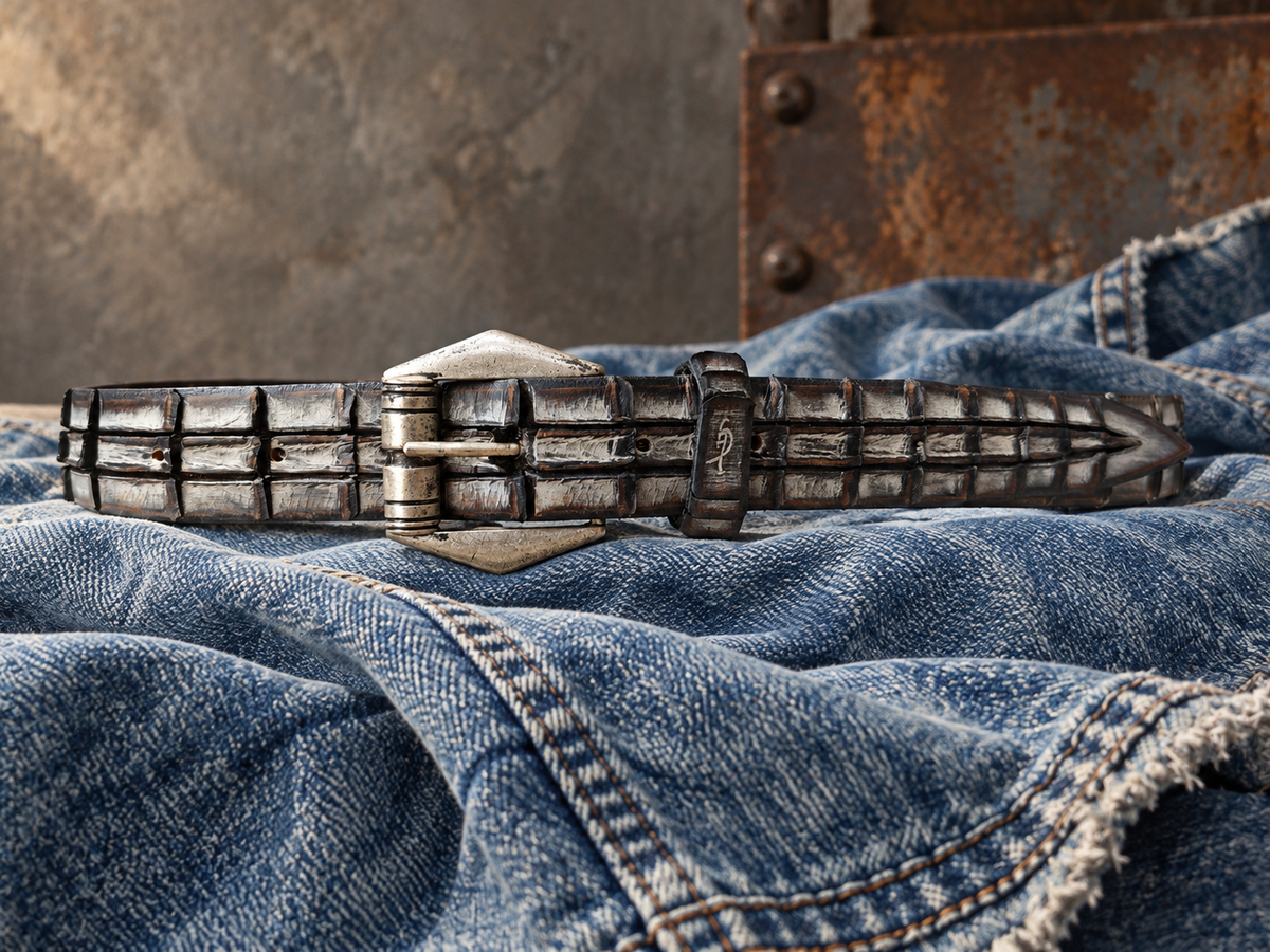 Handmade Silver & Black Leather Belt – Crocodile-Inspired Carved Texture – Women’s Artisan Belt