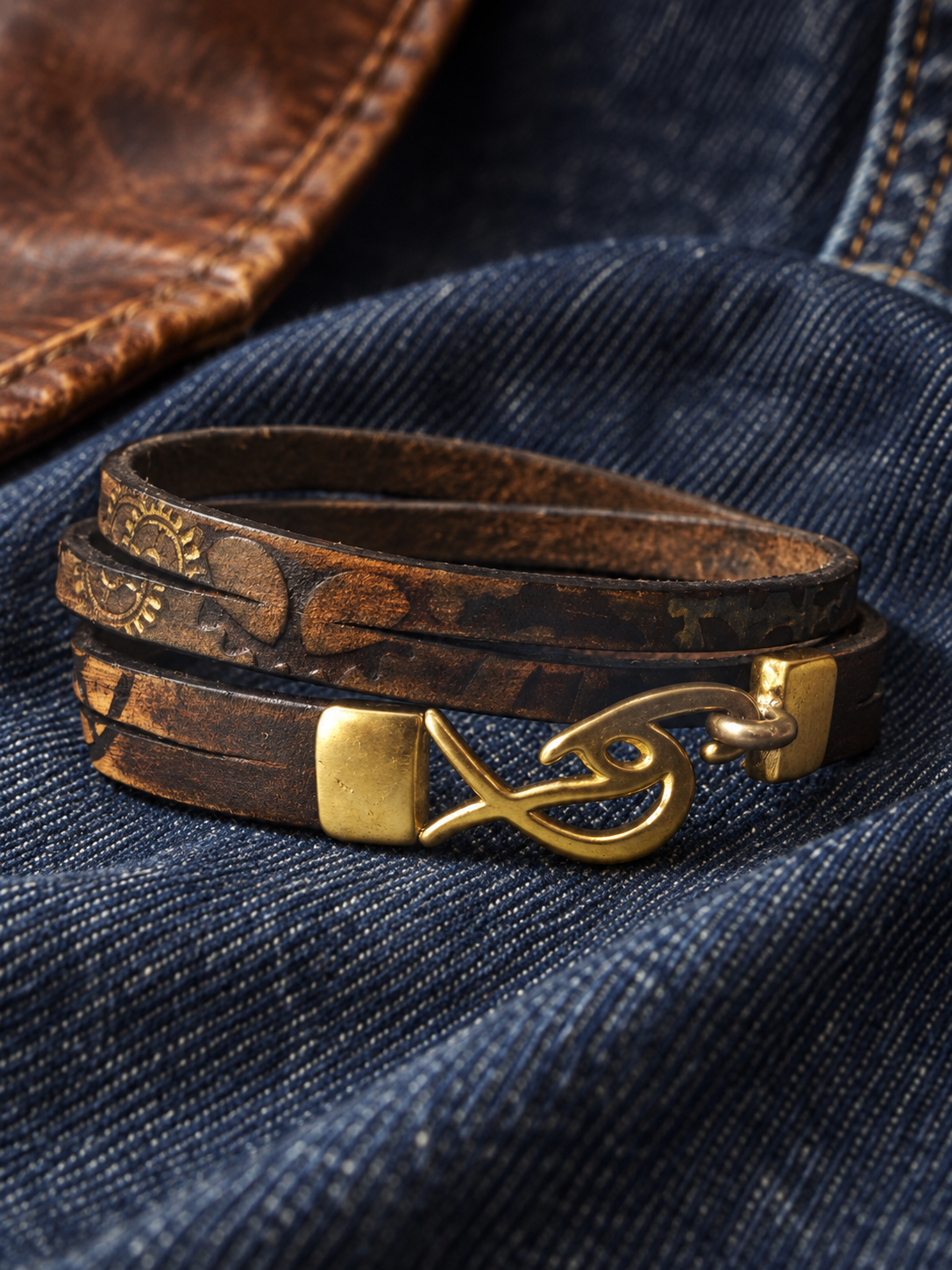 Men’s Vintage Brown Leather Wrap Bracelet with Signature Antique Gold Logo Clasp