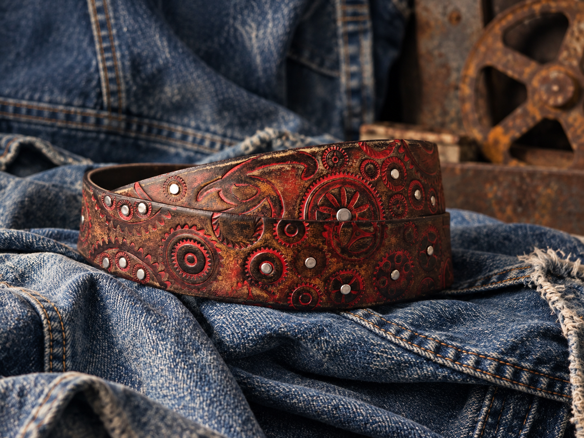 Handcrafted Red & Brown Leather Biker Belt with Motorcycle Gear Design, Silver Studs & Statement Buckle