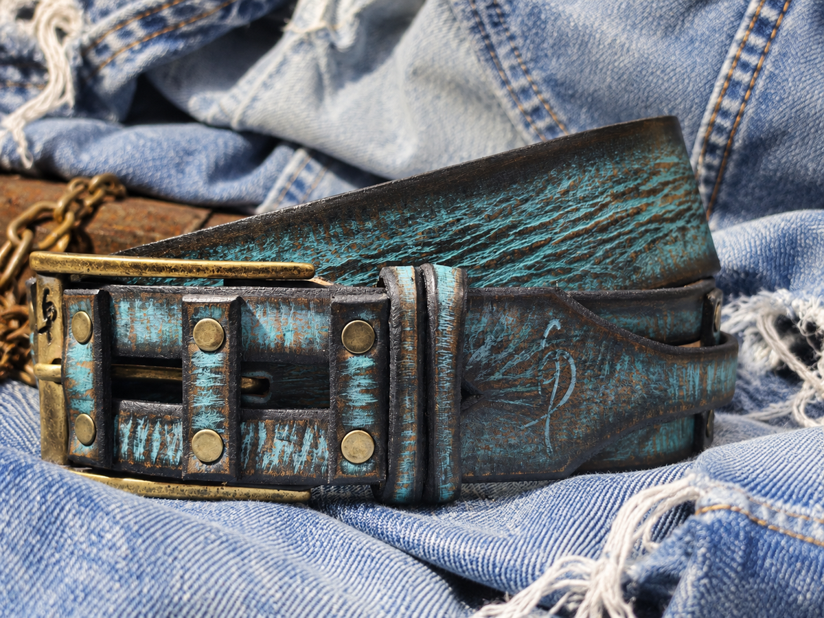 Handcrafted Distressed Turquoise & Brown Leather Belt for Men – Riveted Vintage Designer Belt by ISHAOR