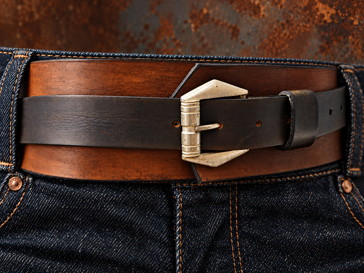 Convertible Brown & Dark Brown Leather Waist Belt with Antique Gold-Tone Buckle