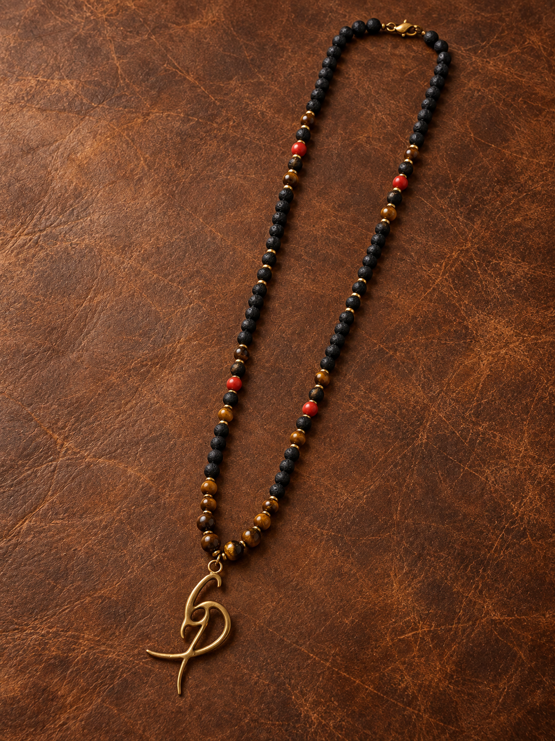 Men’s Black & Brown Beaded Necklace with Red Accents and Gold-Tone Pendant