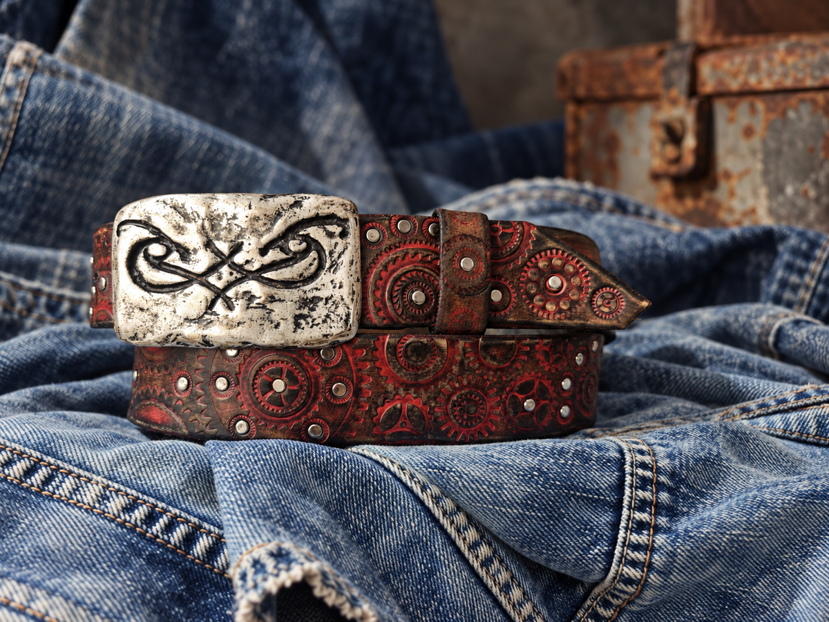 Handcrafted Red & Brown Leather Biker Belt with Motorcycle Gear Design, Silver Studs & Statement Buckle