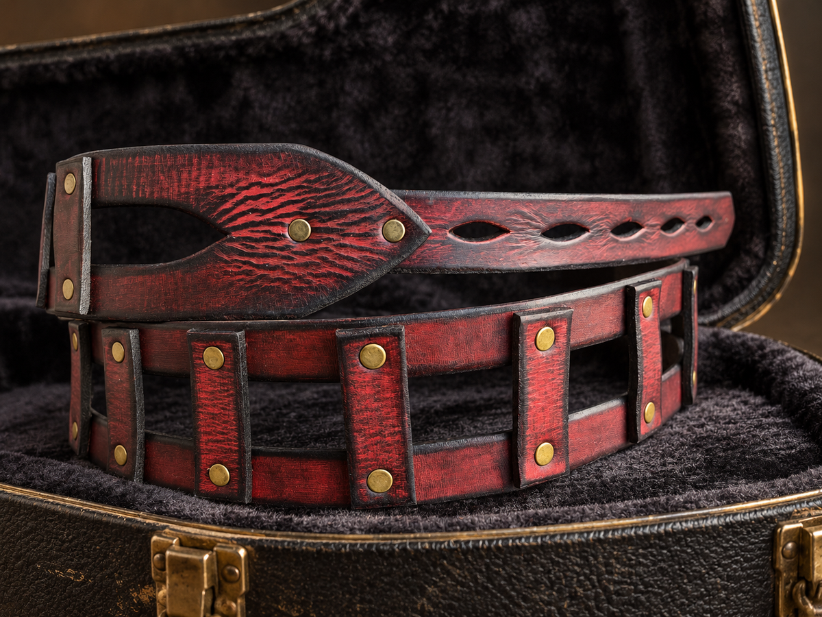 Red Leather Guitar Strap with Brass Rivets - Personalized Musician Gift