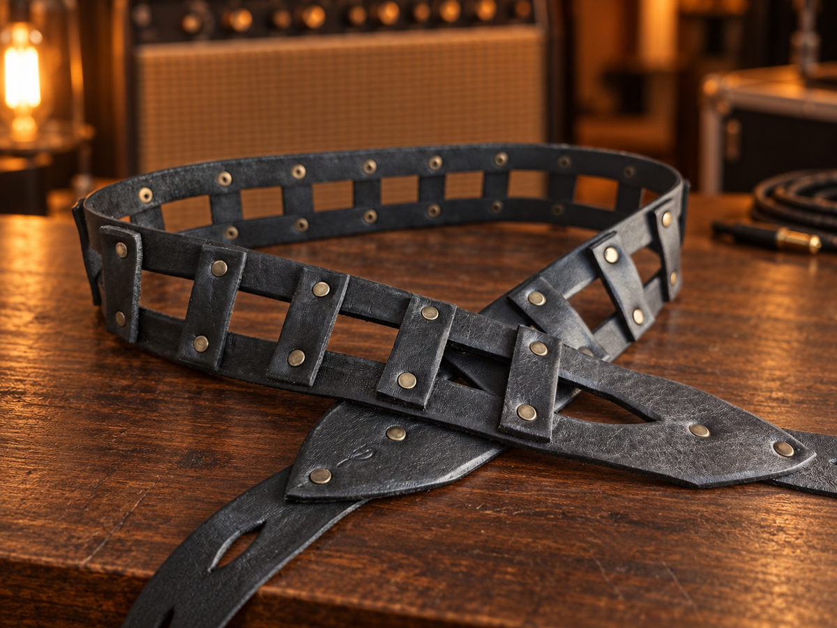 Black Leather Guitar Strap with Brass Rivets - Personalized Musician Gift