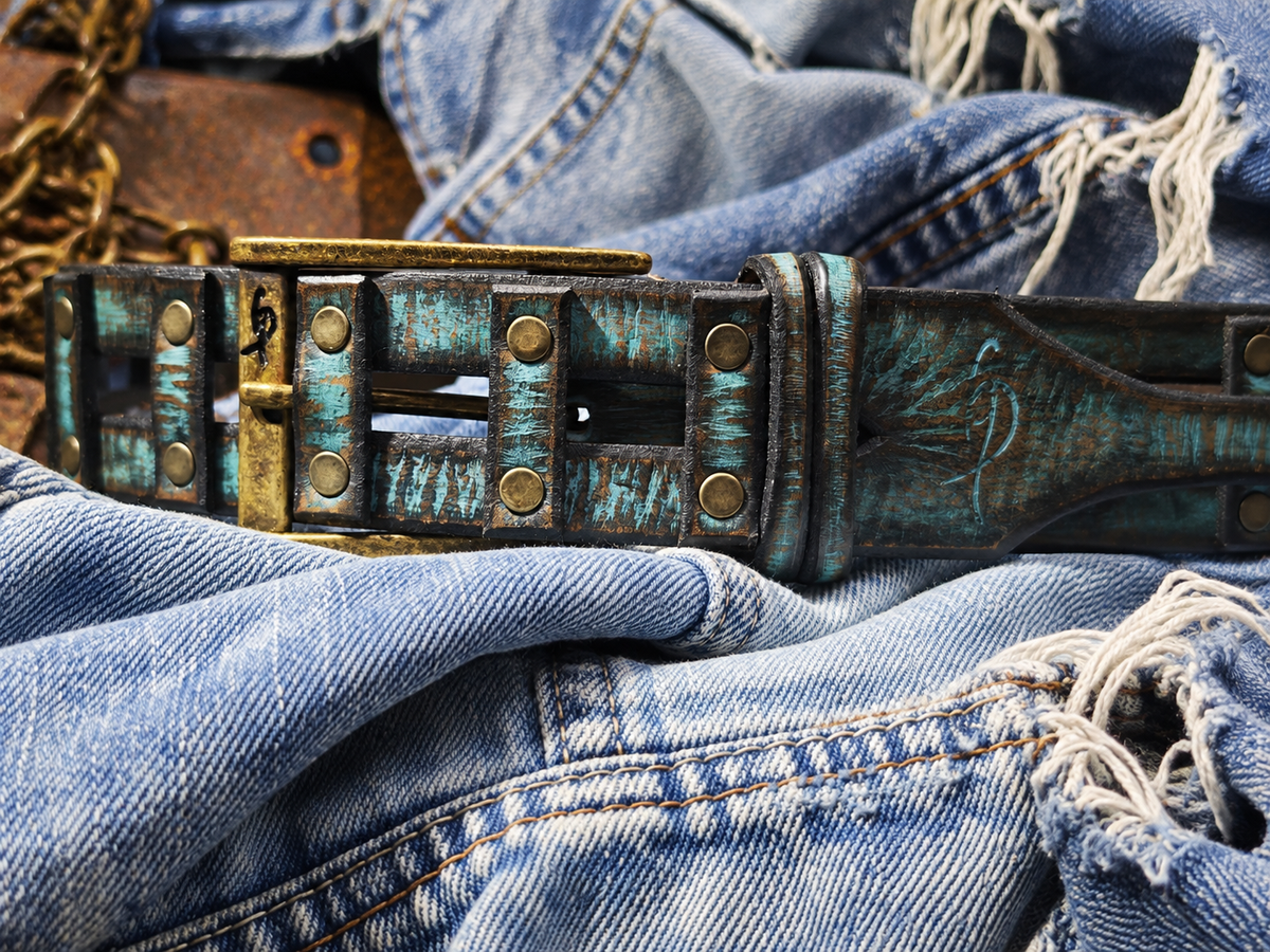Handcrafted Distressed Turquoise & Brown Leather Belt for Men – Riveted Vintage Designer Belt by ISHAOR