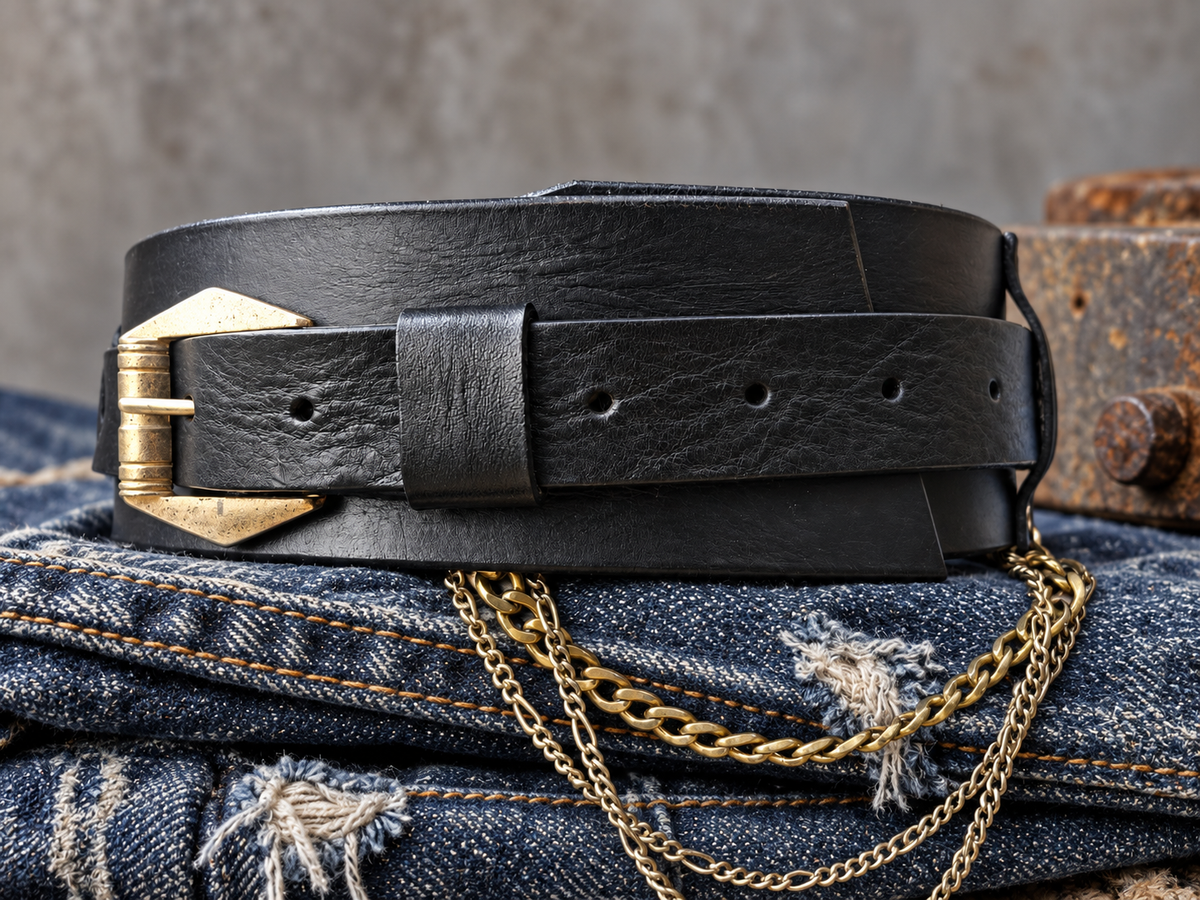 Convertible Black Leather Waist Belt with Gold-Tone Buckle & Layered Chains