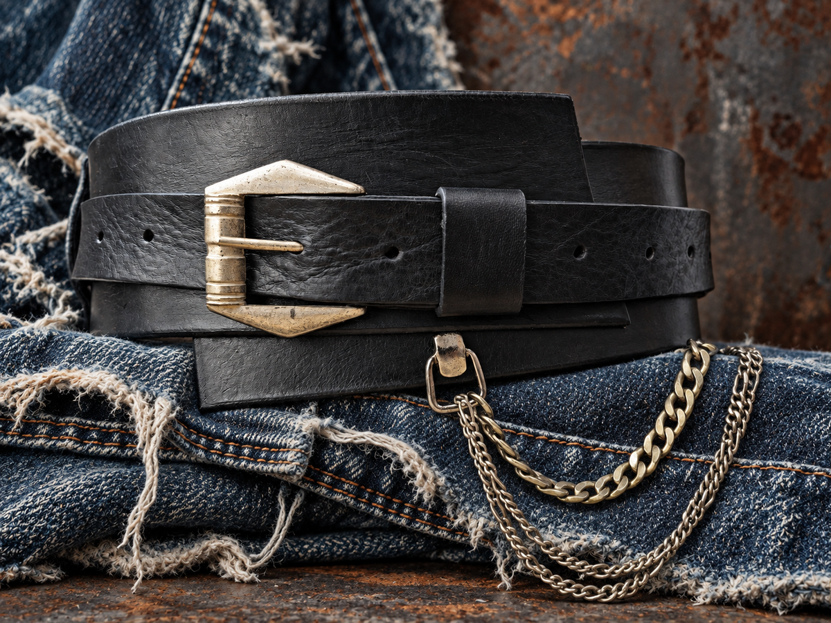 Convertible Black Leather Waist Belt with Gold-Tone Buckle & Layered Chains