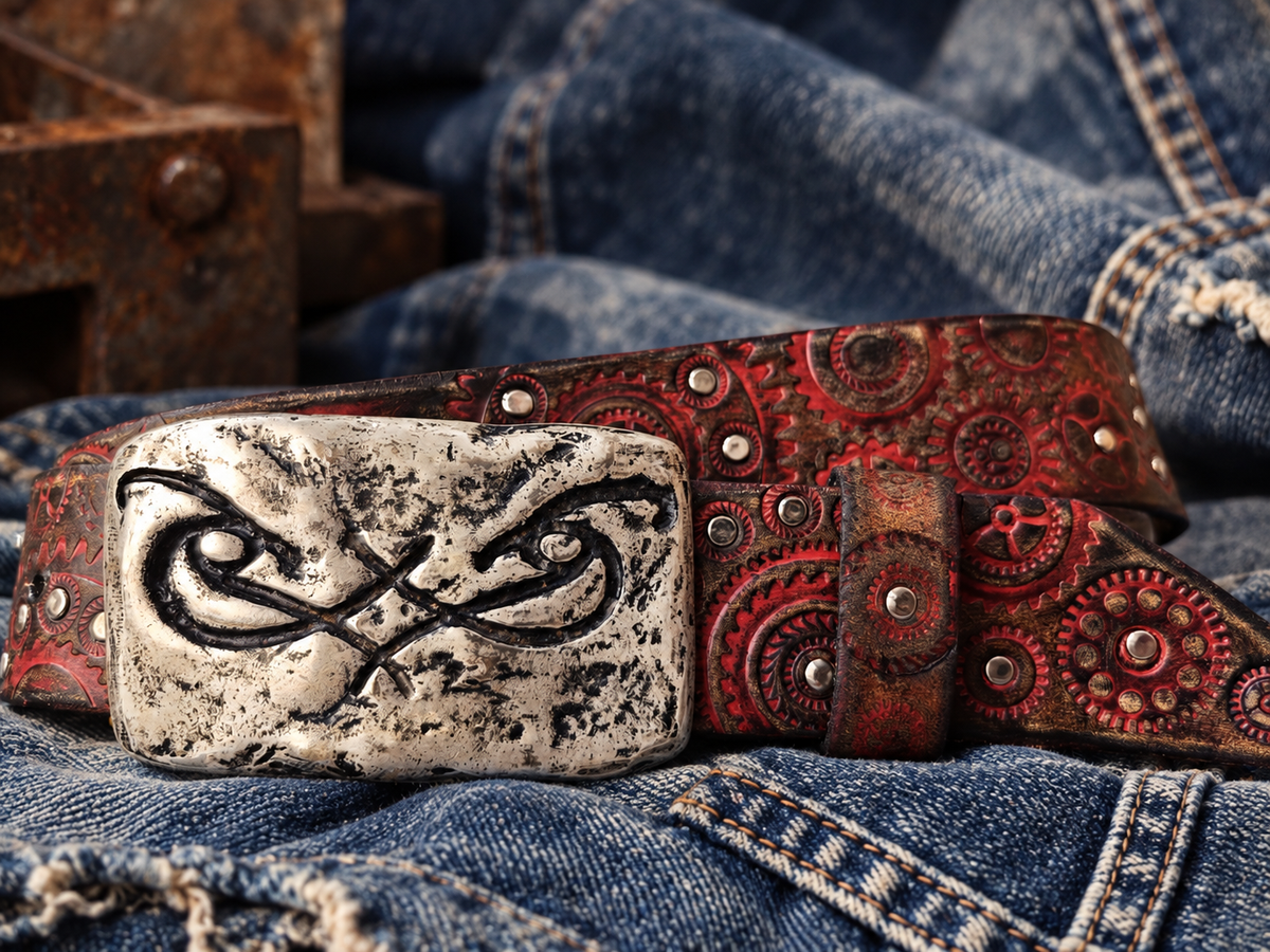 Handcrafted Red & Brown Leather Biker Belt with Motorcycle Gear Design, Silver Studs & Statement Buckle